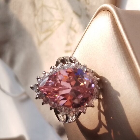 New Pink Tear Drop Halo 925 Sterling Silver Style CZ Ring - Picture 5 of 6